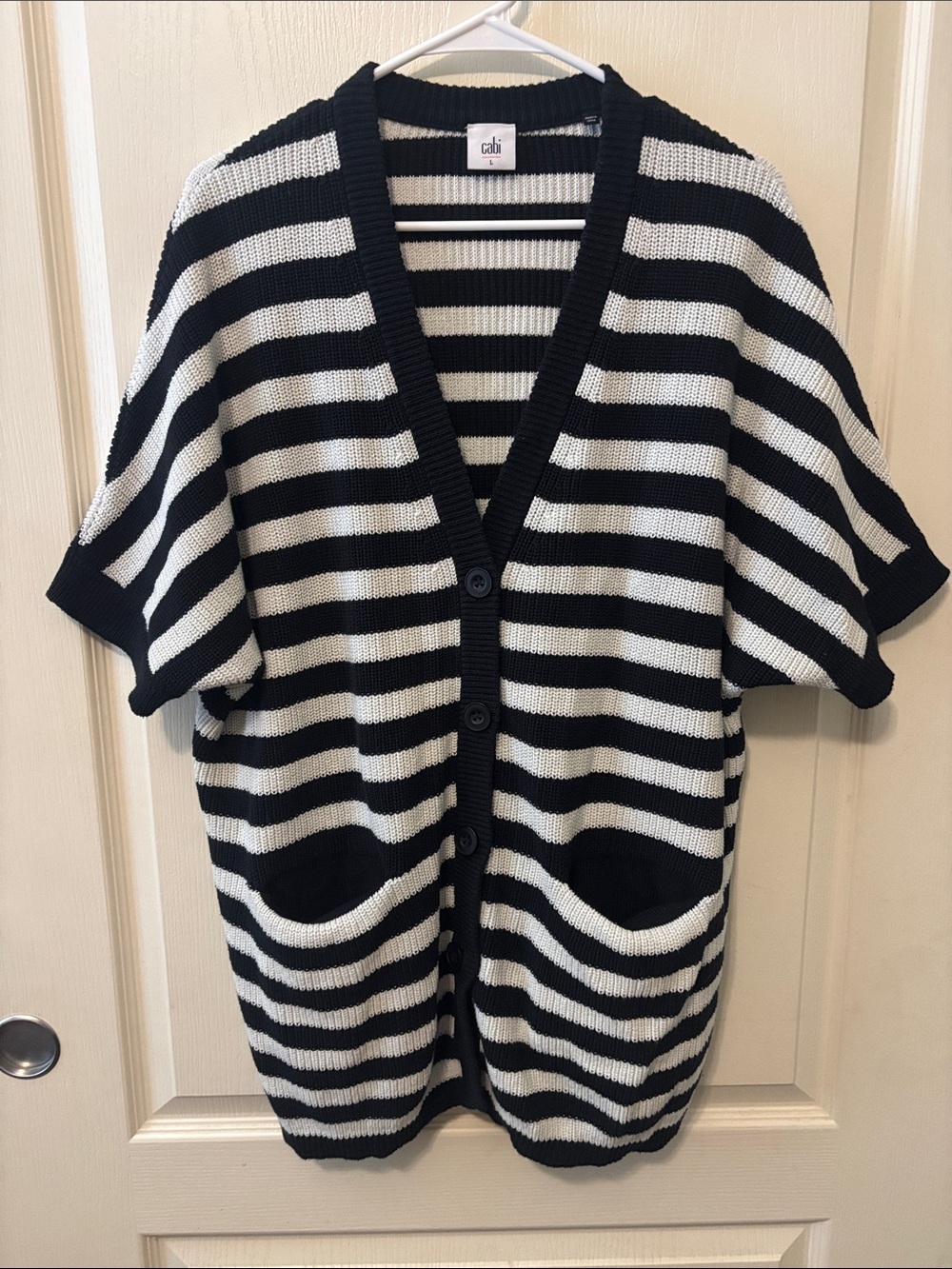 CAbi Black & White Stripe Short Sleeve Cardigan Sweater